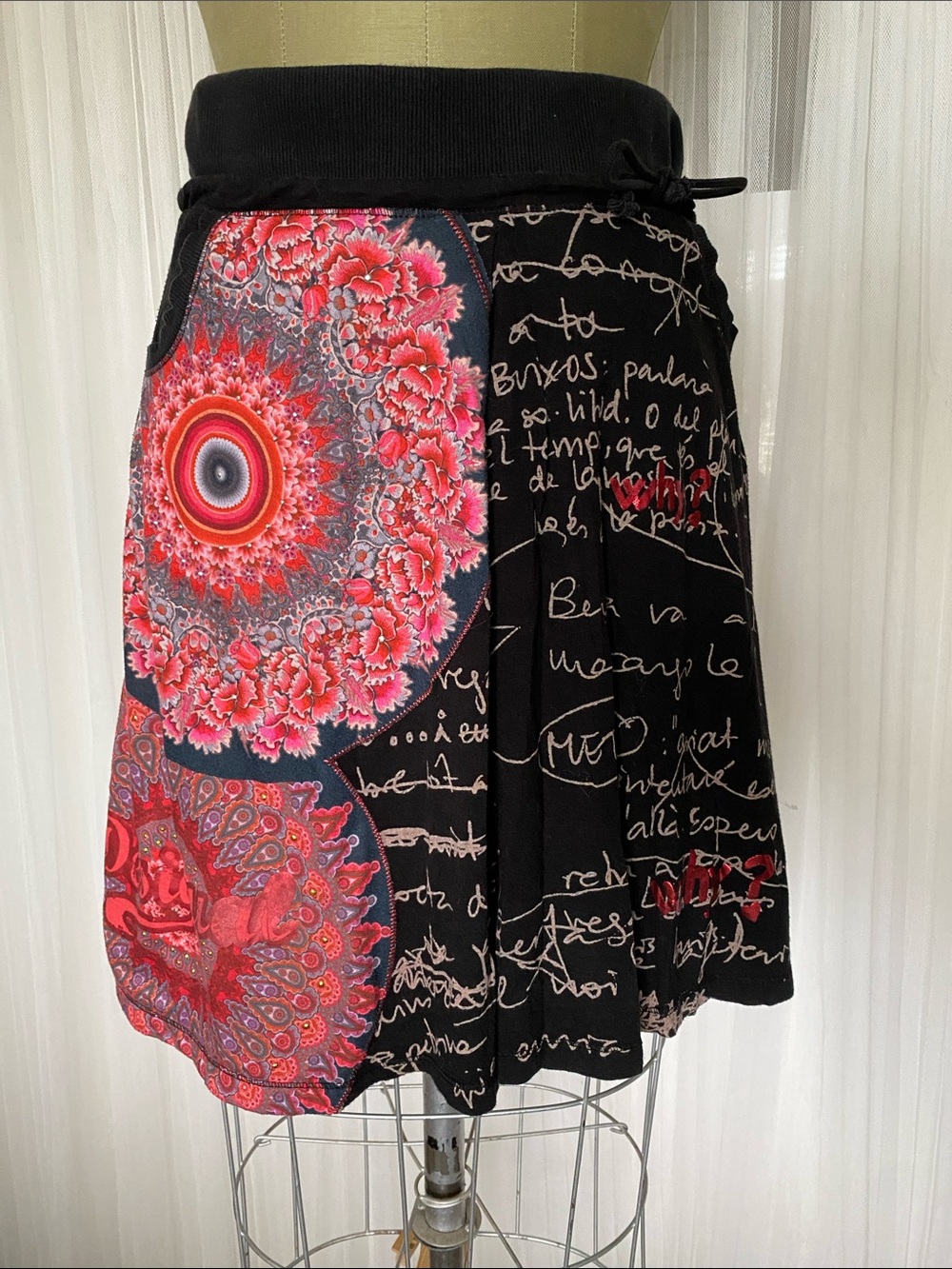 Desigual Y2K Black Skirt with Red & Pink Mandala Panels Graffiti Writing Med